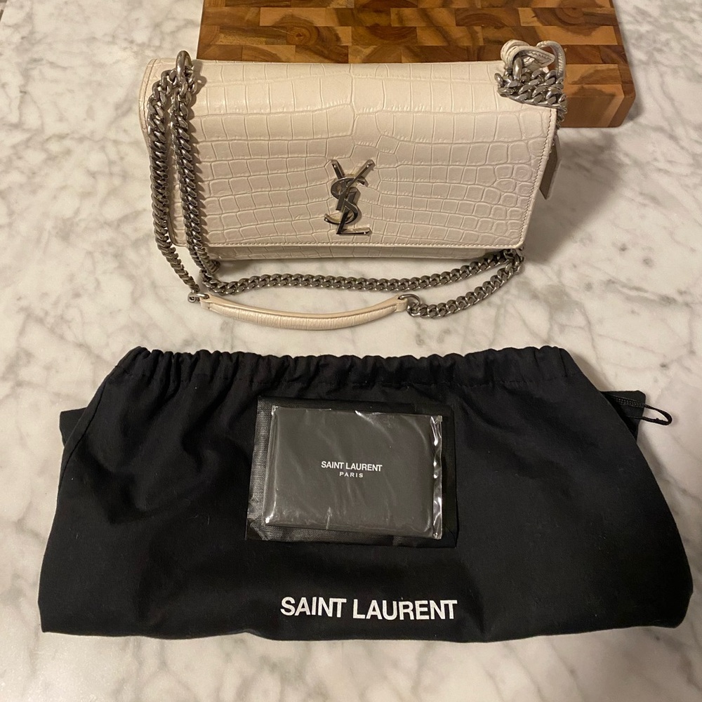 YSL Sunset Medium Bag in Croc Embossed Cream Leather